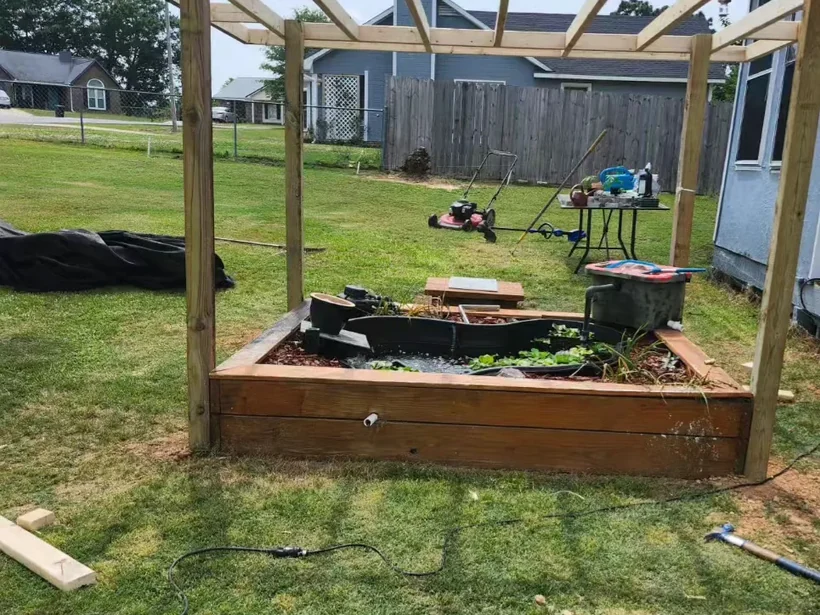 Cedar pergola framed over a raised garden bed